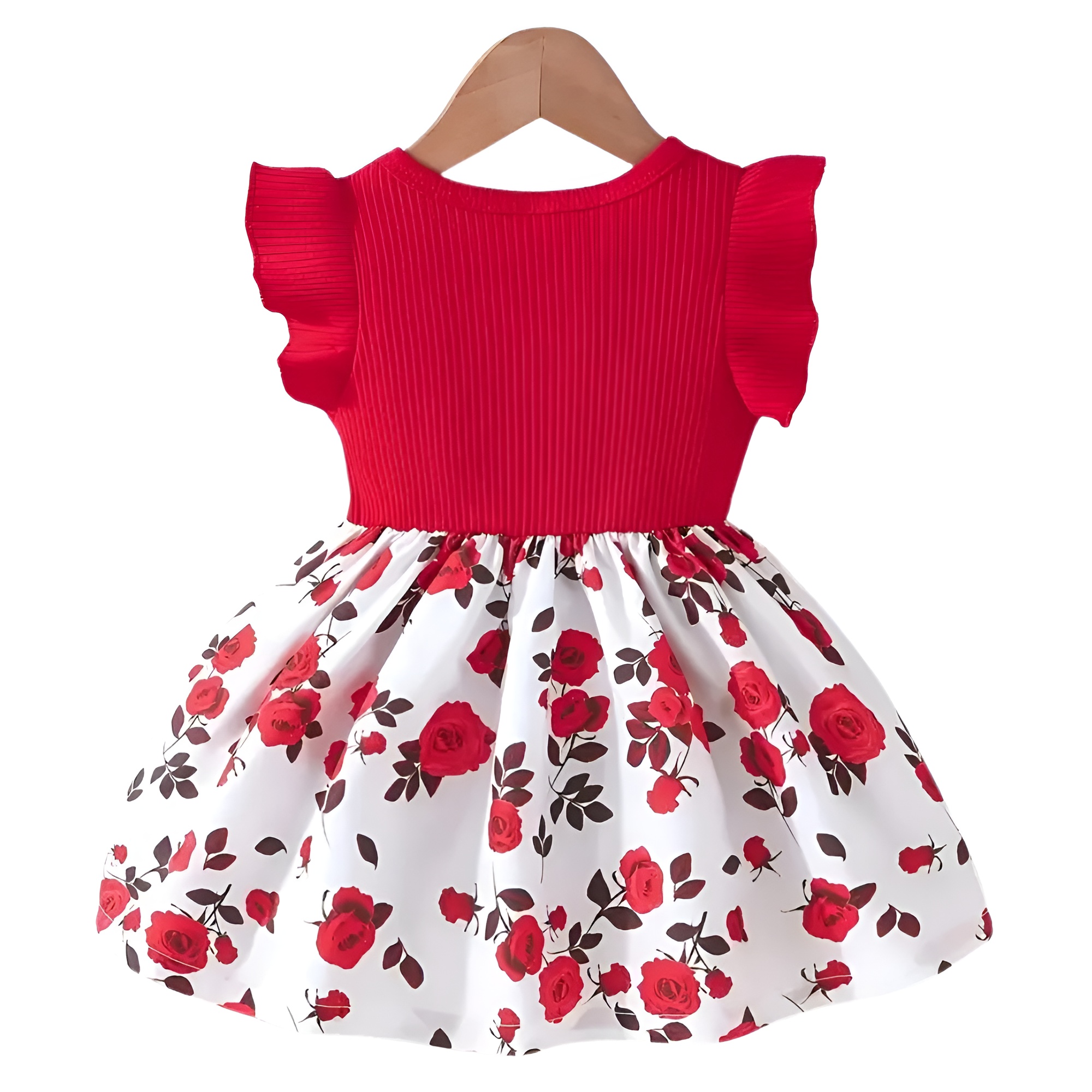 Summer Dress with Red Rose and Puff Sleeve Ruffled Hem