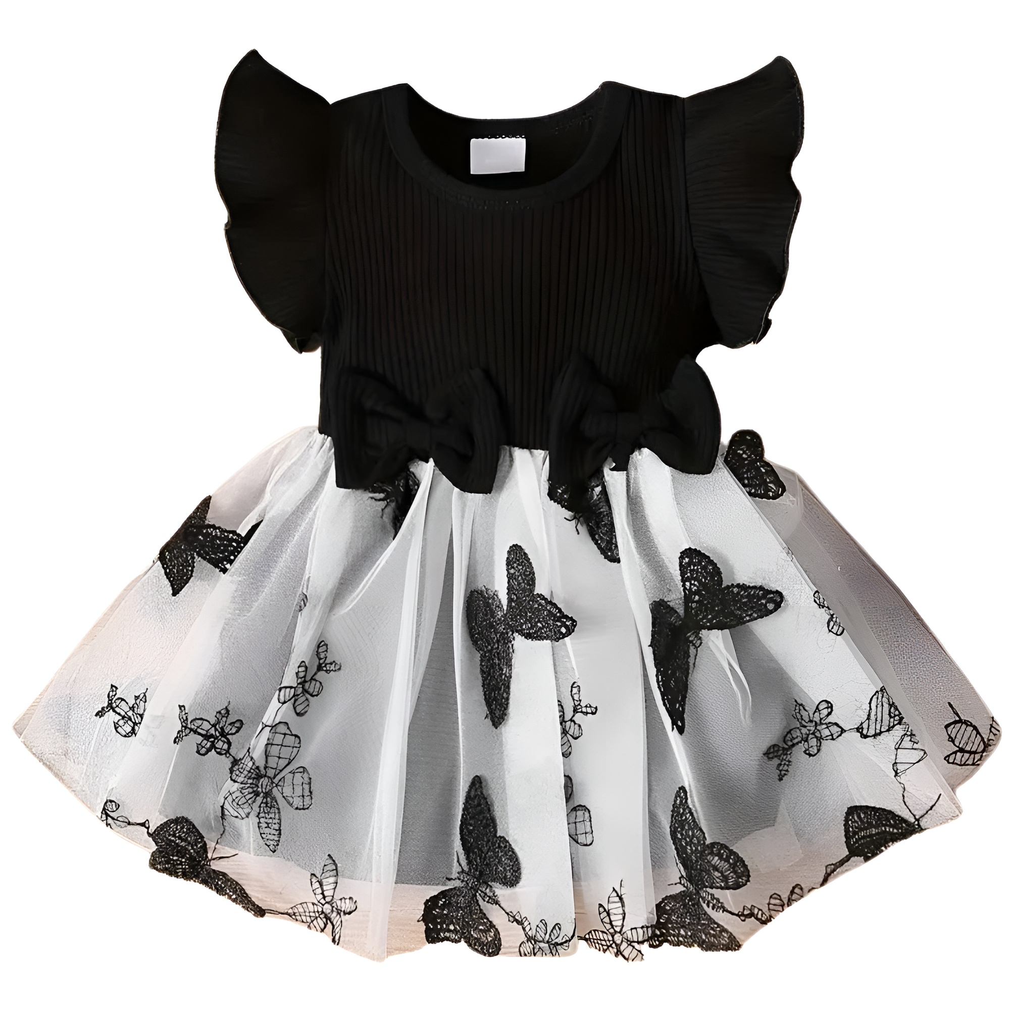 Baby Girls Casual Butterfly Bowknot Decor Mesh Fly Sleeve Dress
