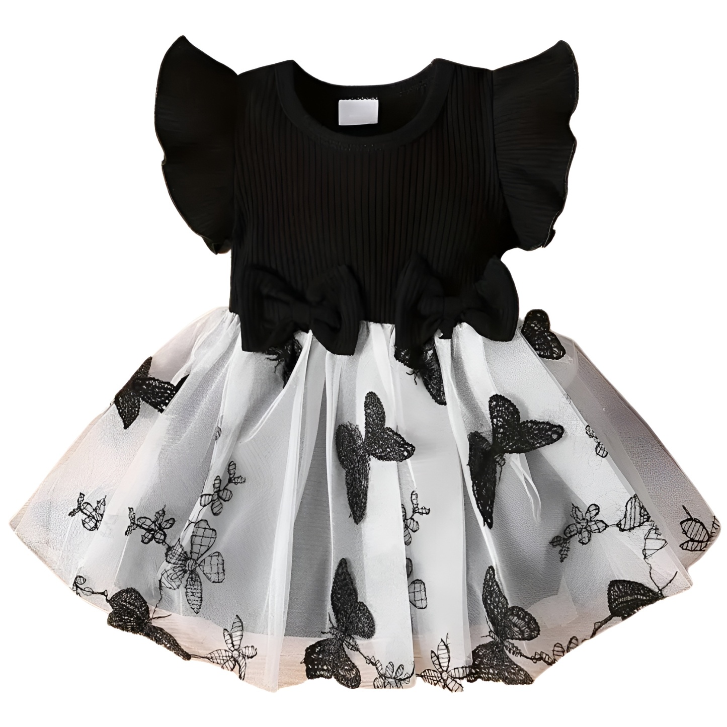 Baby Girls Casual Butterfly Bowknot Decor Mesh Fly Sleeve Dress