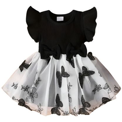 Baby Girls Casual Butterfly Bowknot Decor Mesh Fly Sleeve Dress