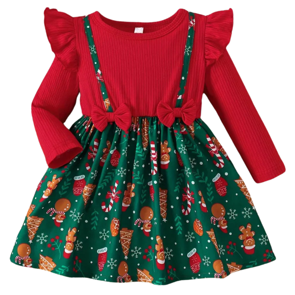 Baby Girl Red and Green Cartoon Print Christmas Dress with Puff Sleeves and Bow Detail