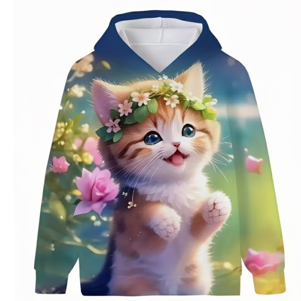Kitten Graphic Print Hoodie With Floral Details For Kids