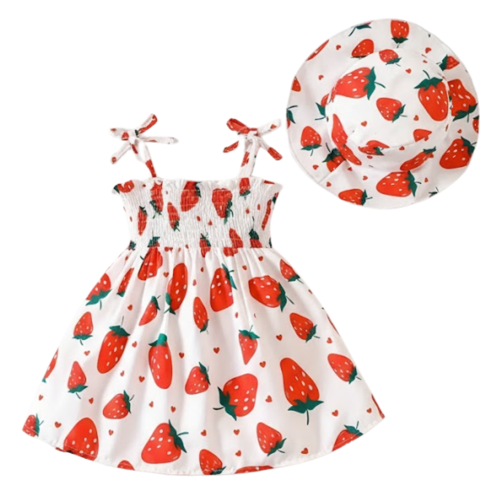 Fruit Pattern Print Sleeveless Camisole Dress And Hat For Baby Girl 