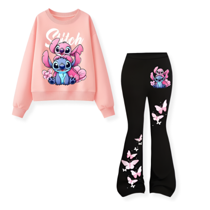 Stitch And Angel Girl Sweatshirt And Flare Pants 2 Piece Set