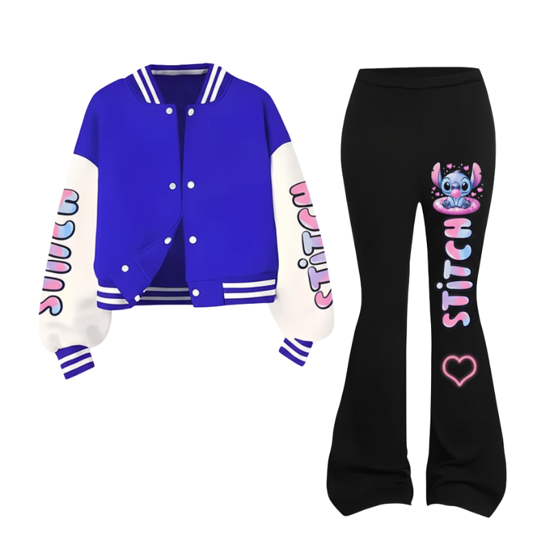 Stitch Print Girls Baseball Uniform And Trousers 2 Piece Set