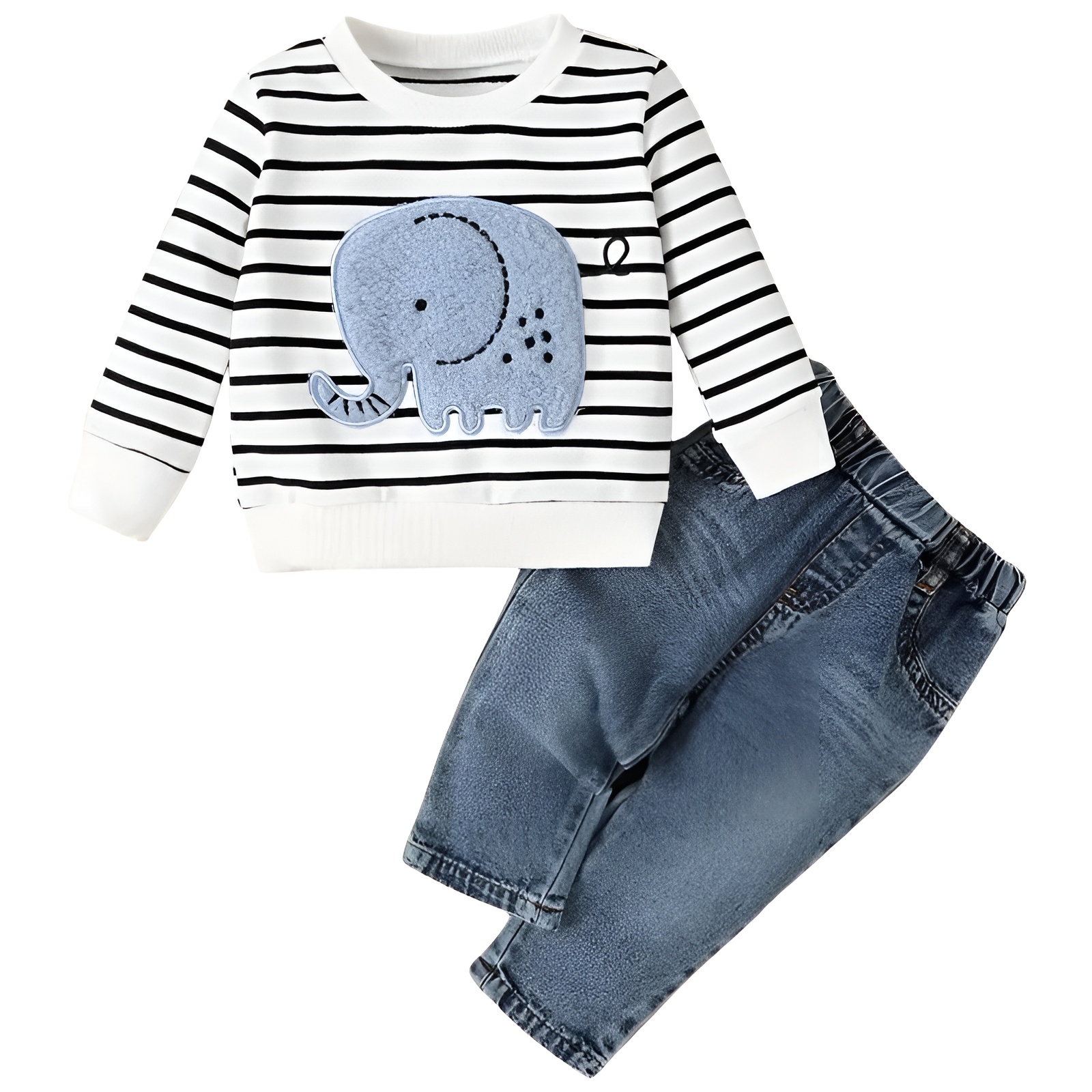2pcs Boy Striped Elephant Pattern Long Sleeve Top and Denim Trousers