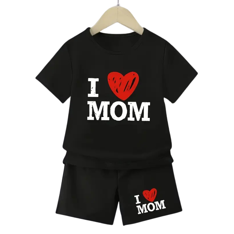 2pcs I Love Mom Print Short Sleeve Top and Shorts for Boys