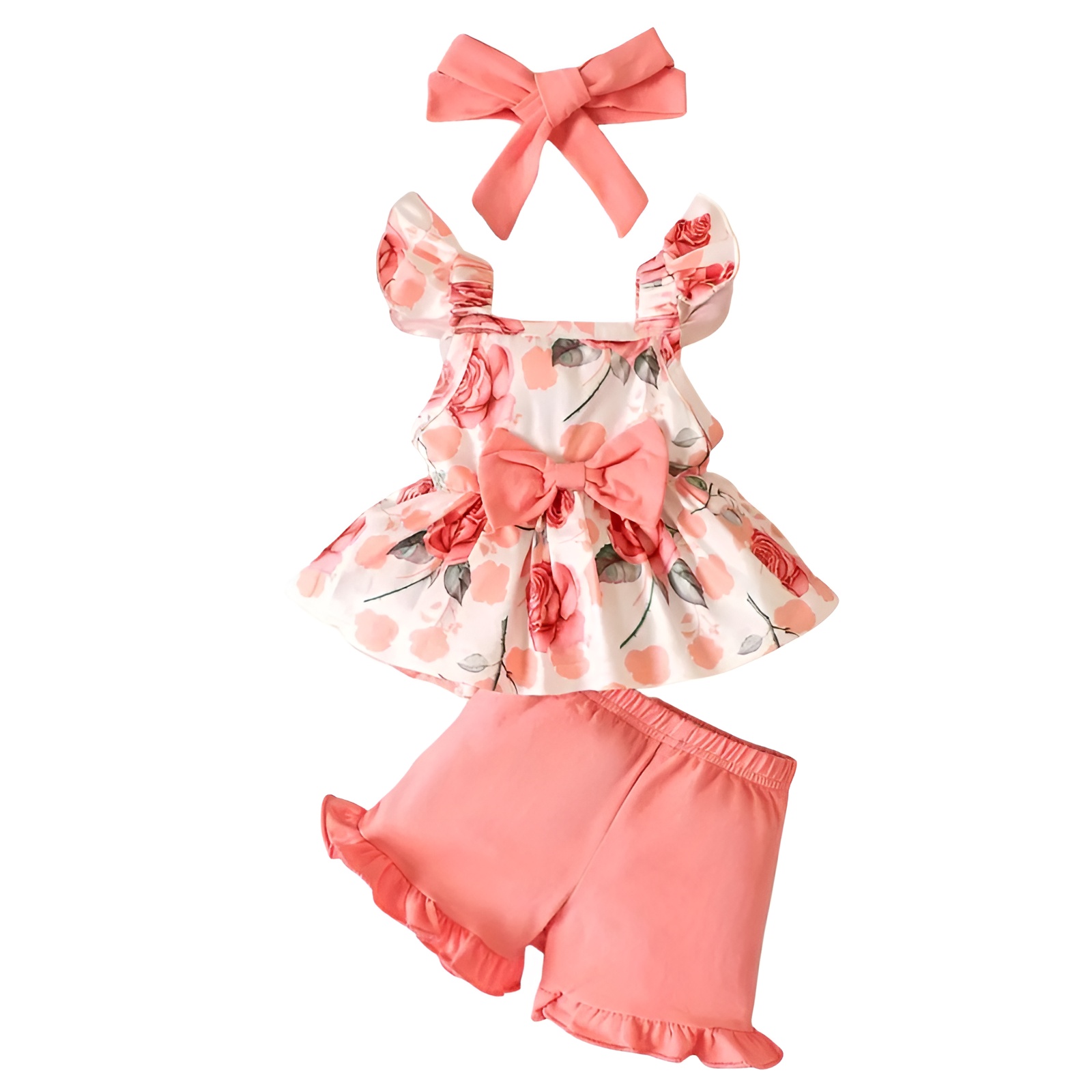 Girls Sleeveless Floral Print Top with Pink Ruffle Shorts and Headband Set