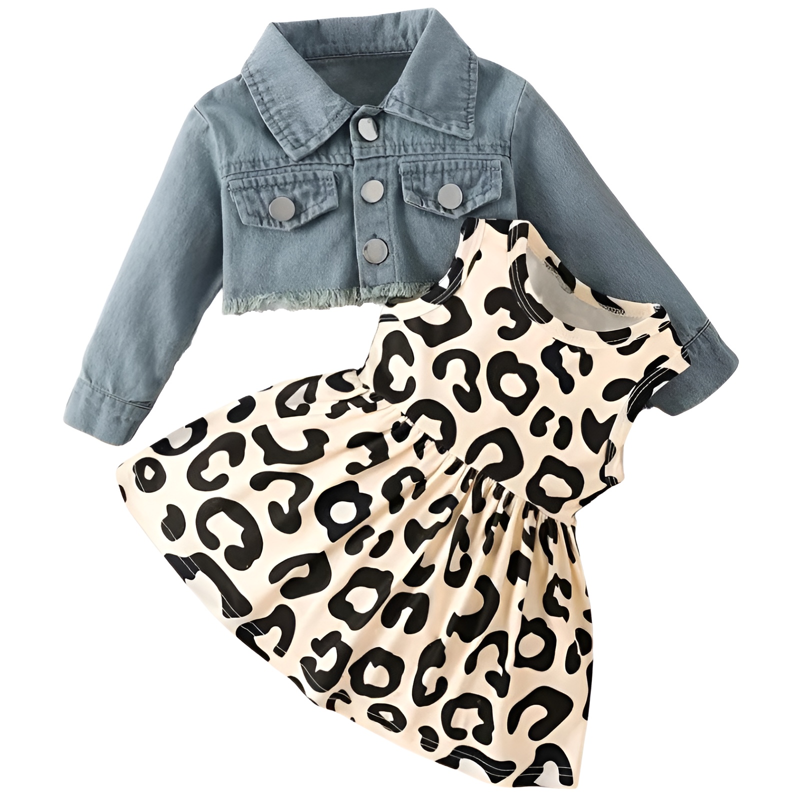 Girl Cartoon Print Vest Dress with and Short Denim Top Two Piece Set