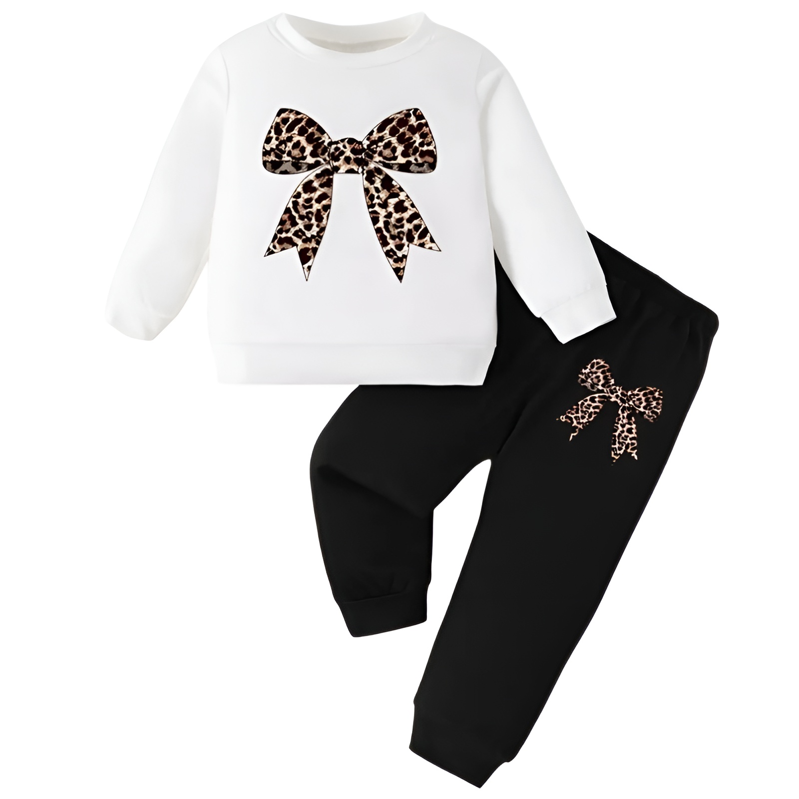 Girl Leopard Print Bow Long Sleeve Top and Pants Two Piece Set
