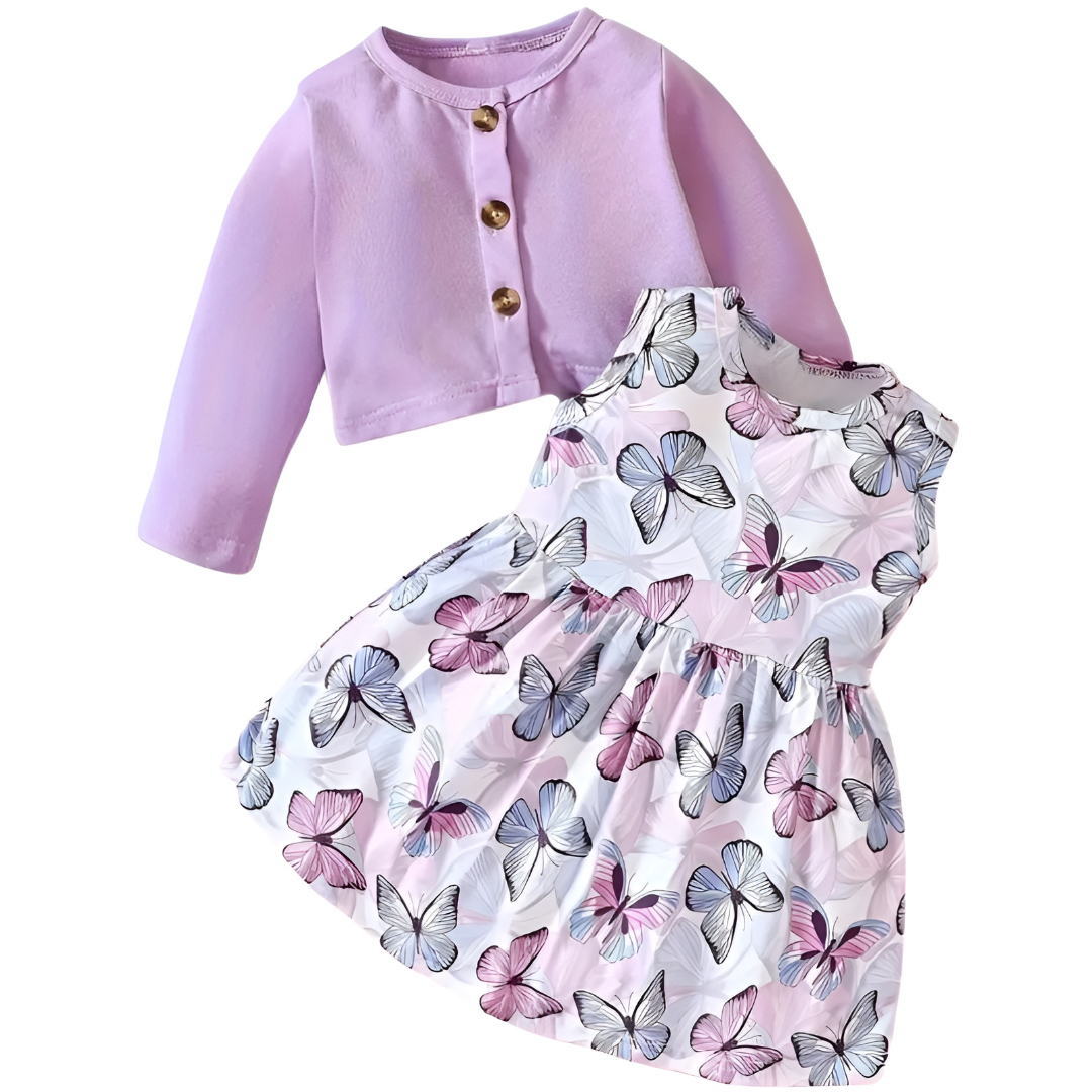Girl Long Sleeve Top and Sleeveless Butterfly Print Vest Dress Two Piece Set