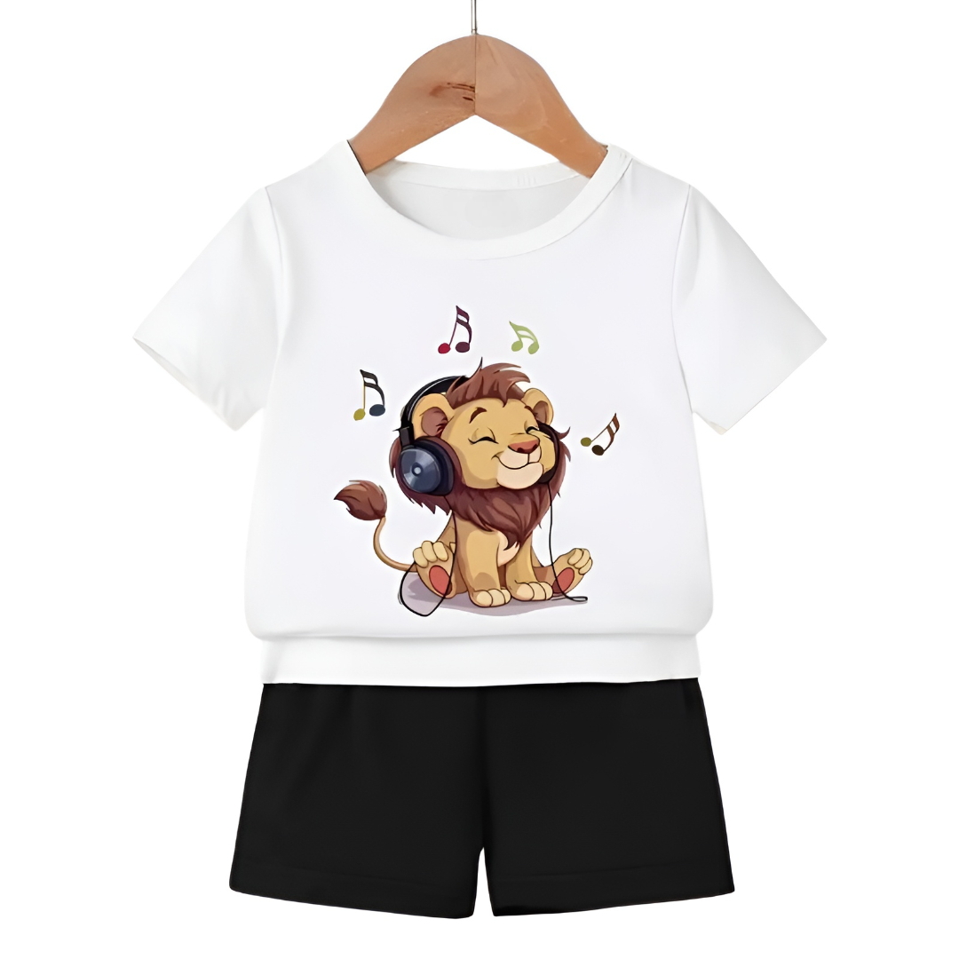 Girls and Boys Cartoon Lion Print Short Sleeve TShirt With and Shorts 2 Piece Set