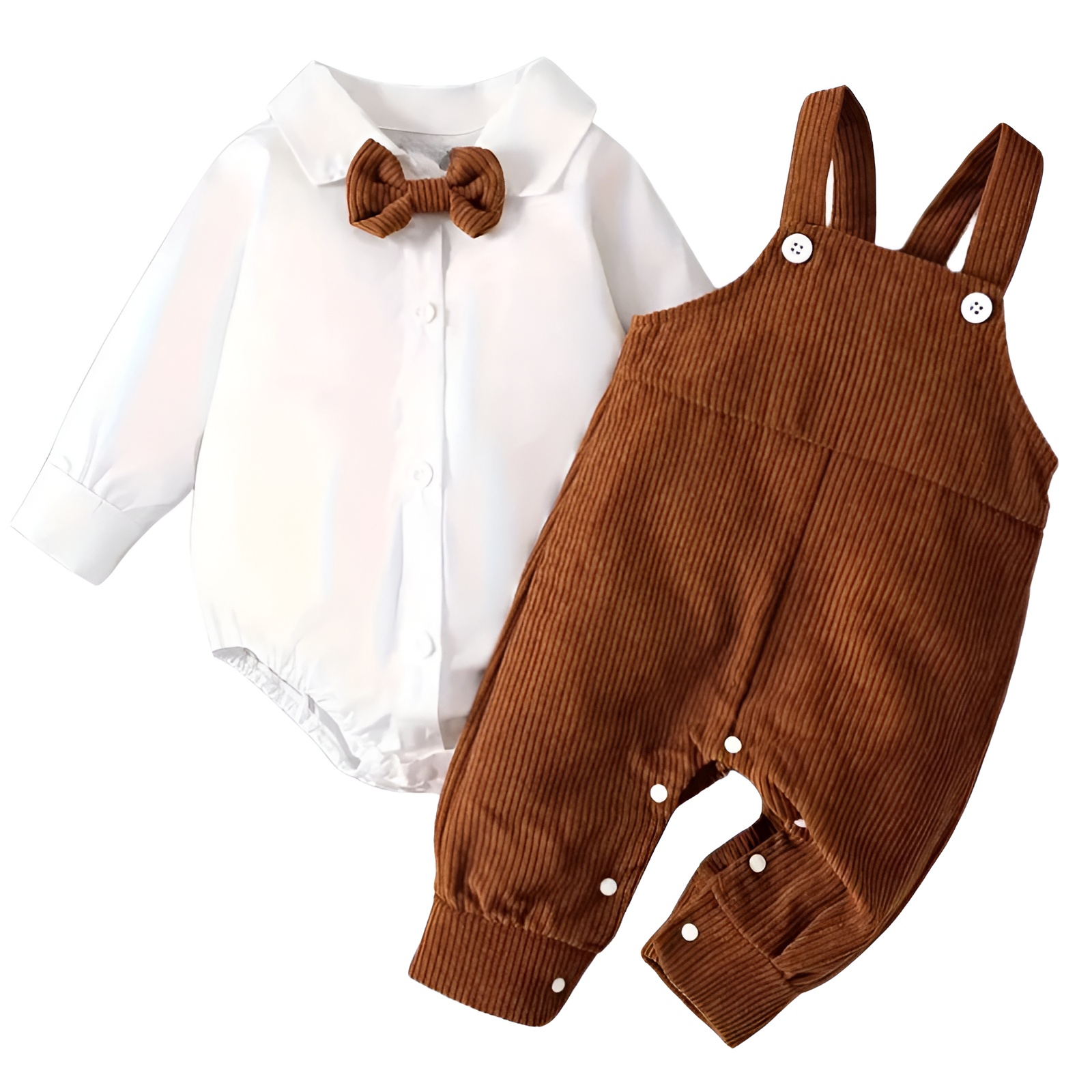 Boys Long Sleeve Romper with Bow Tie and Overalls Two Piece Set