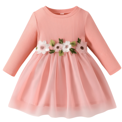 Long Sleeve Floral Mesh Party Dress For Baby
