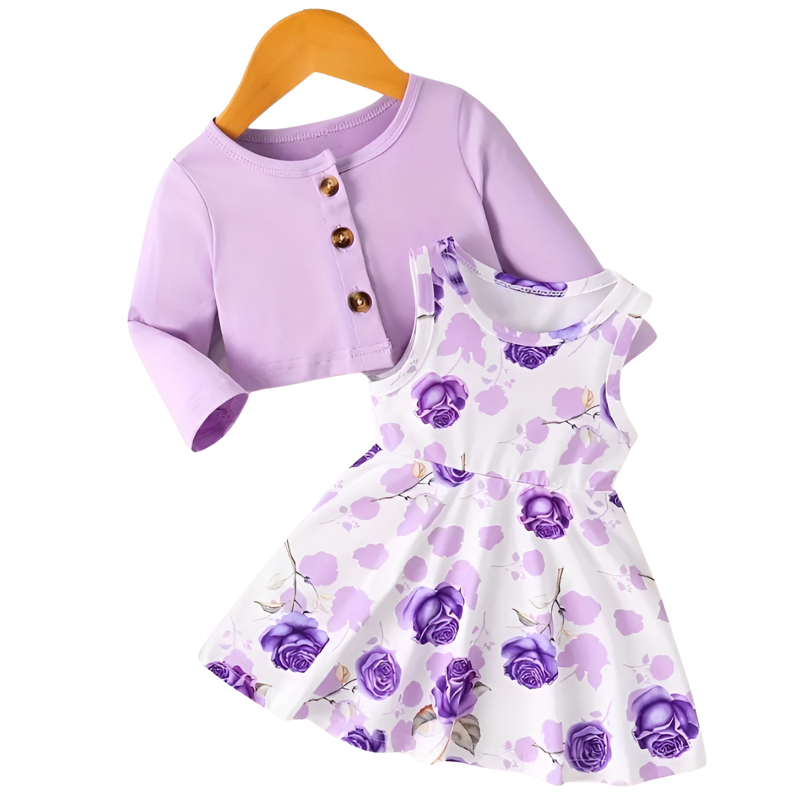 2pcs Girls Long Sleeve Top with Block and Floral Printed Skirt Outfit Set