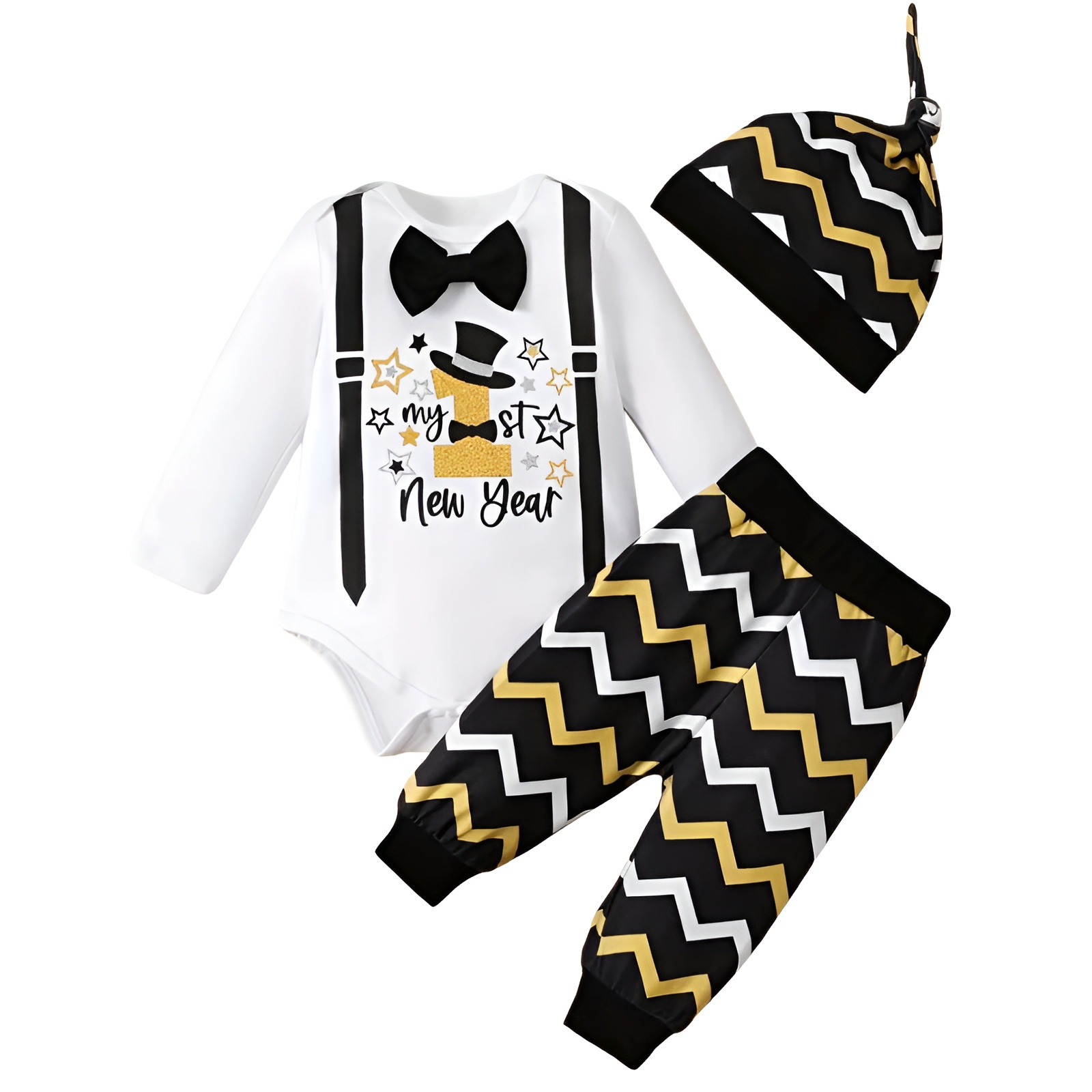 Boy Block Print Long Sleeve TShirt and Pants with Bowtie and Hat 3pcs Outfit Set