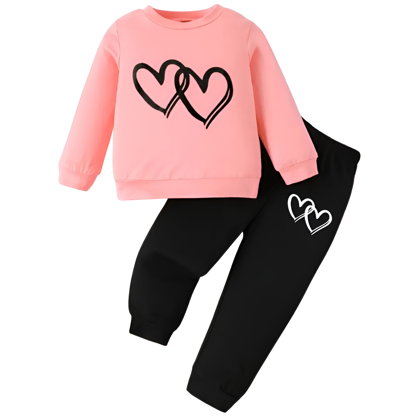2pcs Girls Long Sleeve Top with Heart Print and Pants Outfit Set