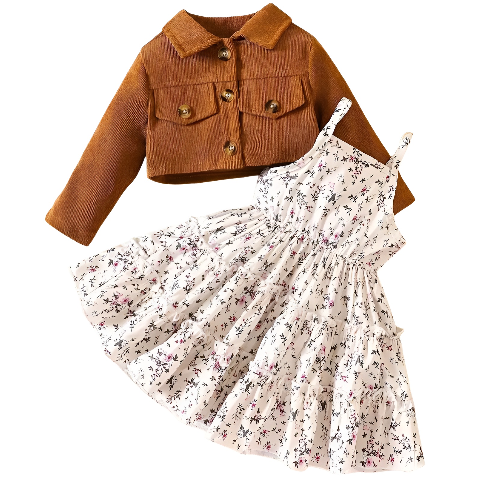 Girls Floral Print Sundress with Turn Collar and Long Sleeve Coat Two Piece Set