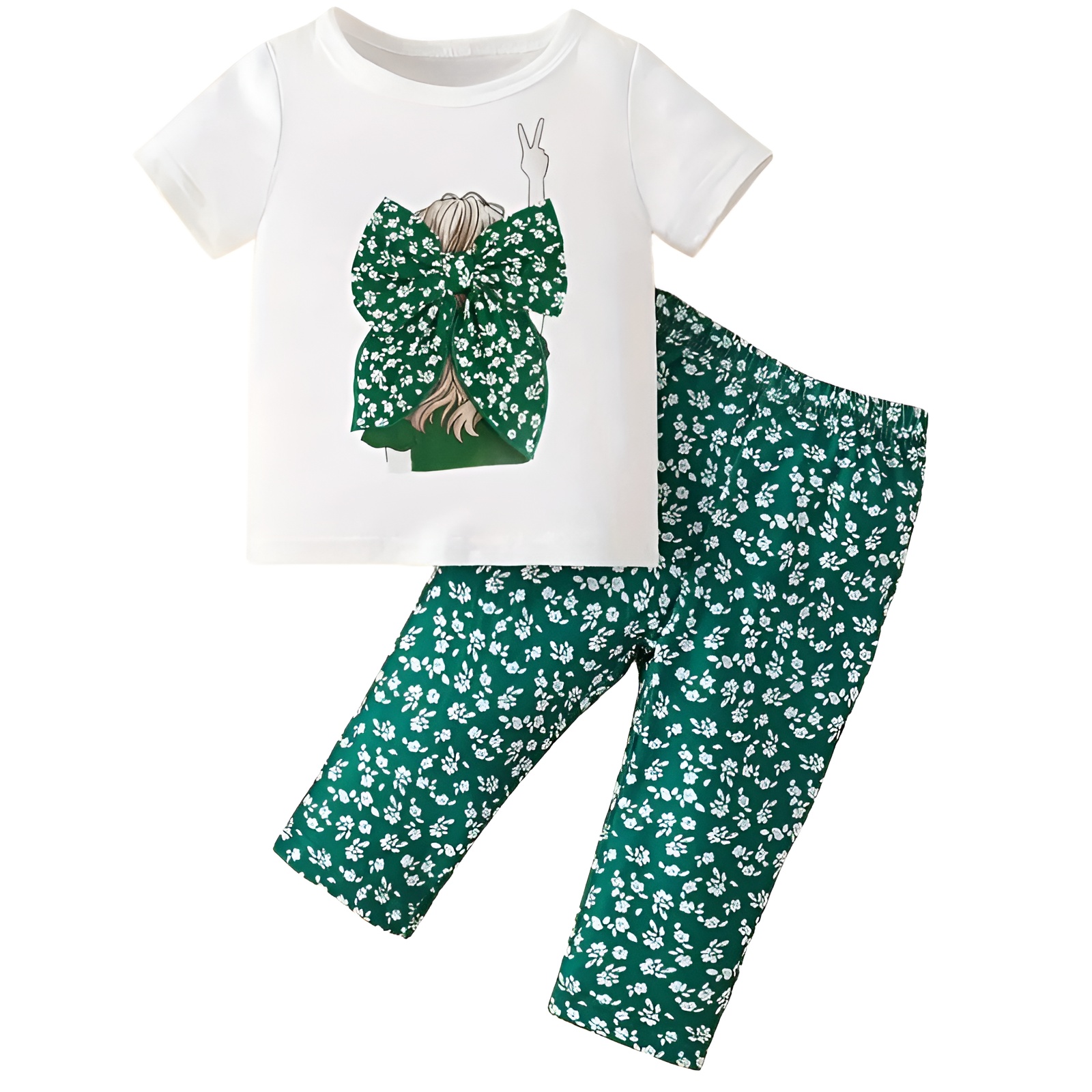 2pcs Girls Bowknot Tshirt and Flower Pattern Pants Set