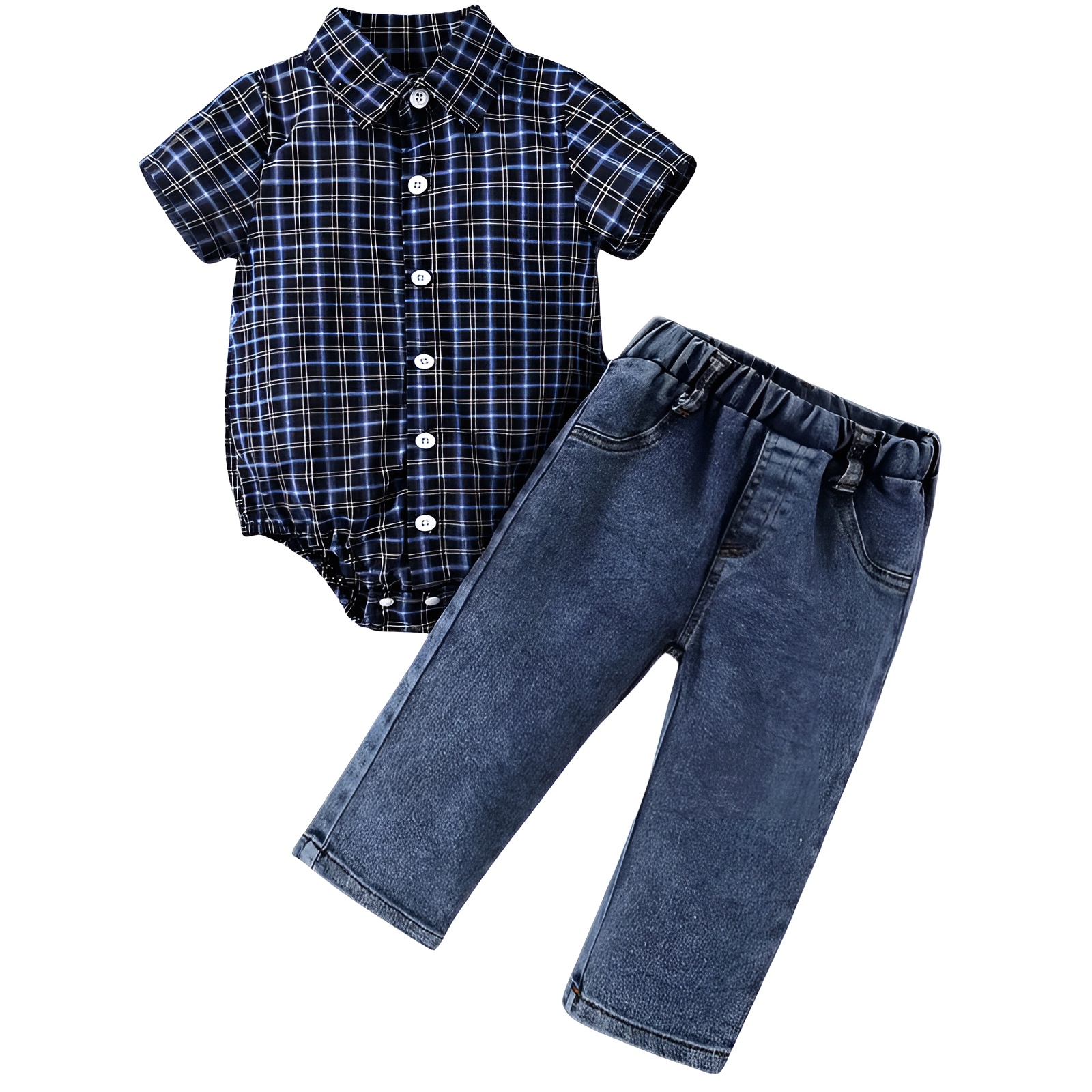 Boys Lapel Short Sleeved Plaid Triangle Romper Faux Denim Pants Two Piece Suit