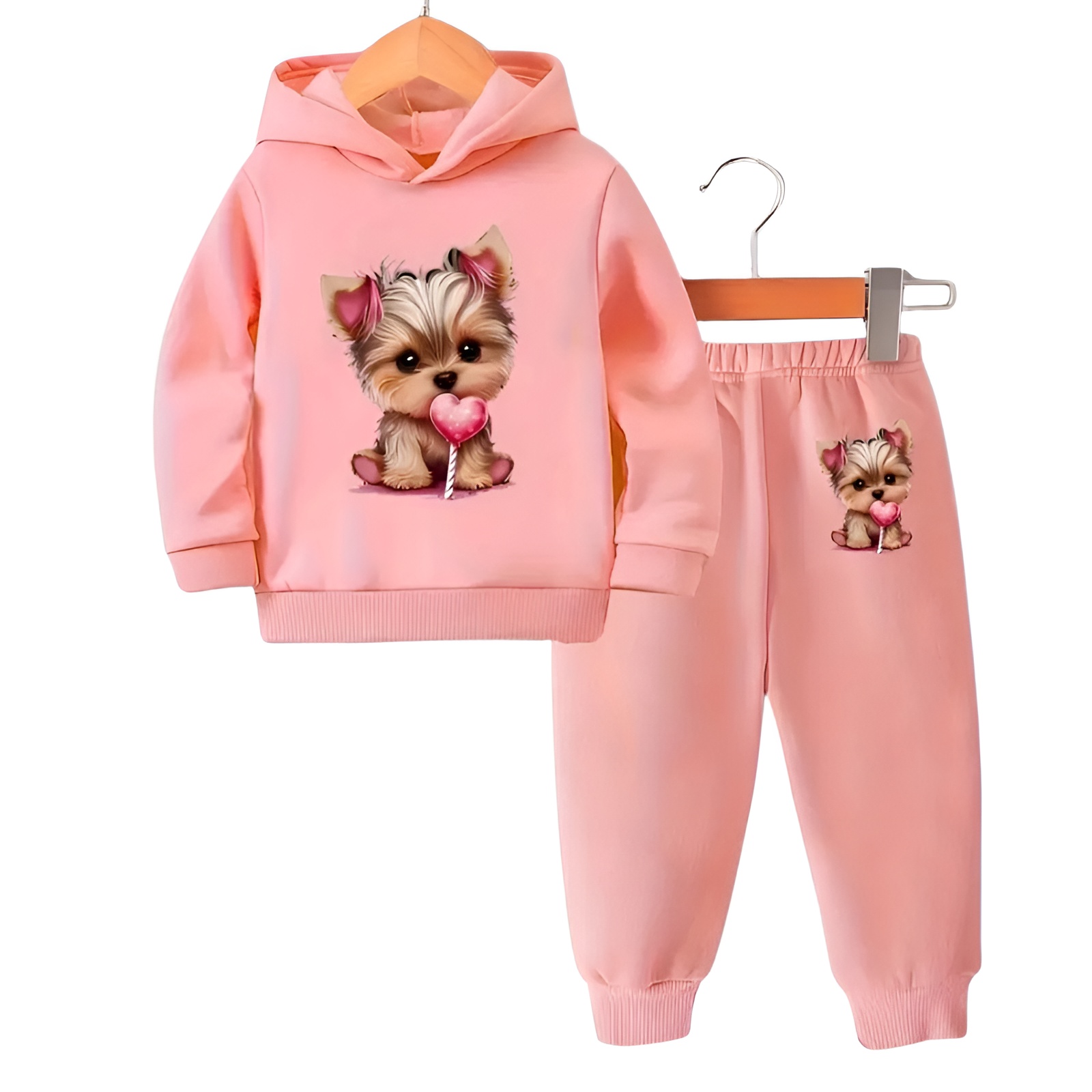 Girls Cartoon Print Hooded Fleece Long Sleeve Sweatshirt and Pants Two Piece Set