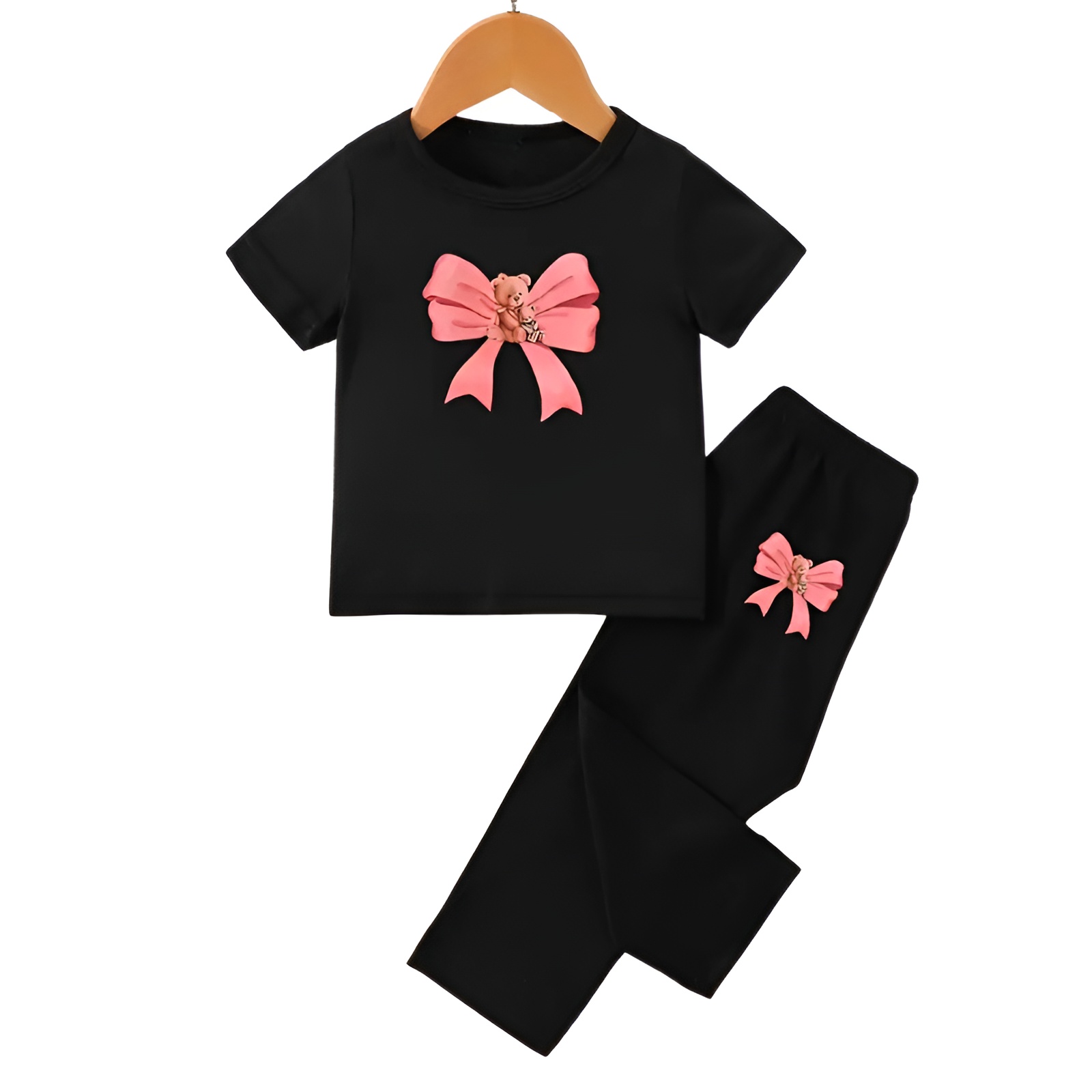 Girls Bow and Bear Print Short Sleeve Top and Pants Two Piece Set