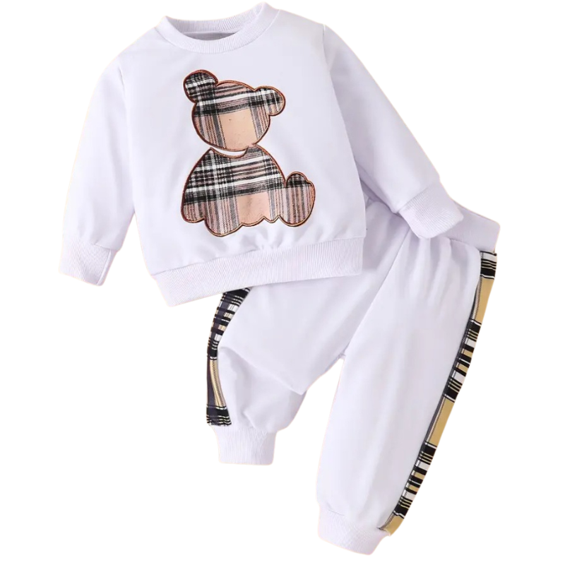Boys Cartoon Print Long Sleeve Top and Checkered Pants Two Piece Set