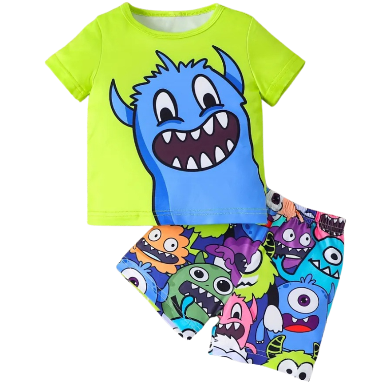 Boy Cartoon Print Short Sleeve Top and Random Print Shorts Two Piece Set