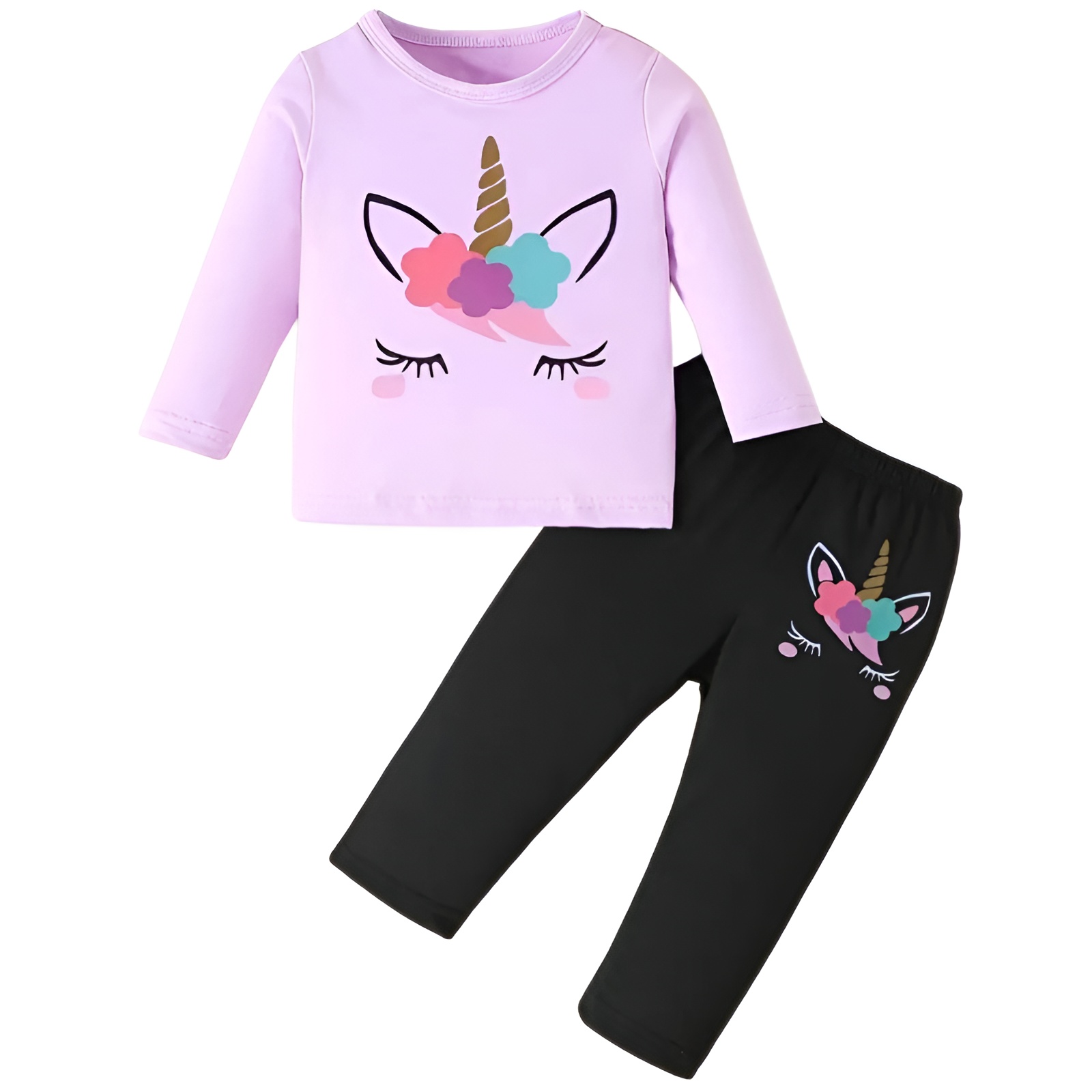 2pcs Girls Cartoon Unicorn Print Long Sleeve Tshirt and Pants