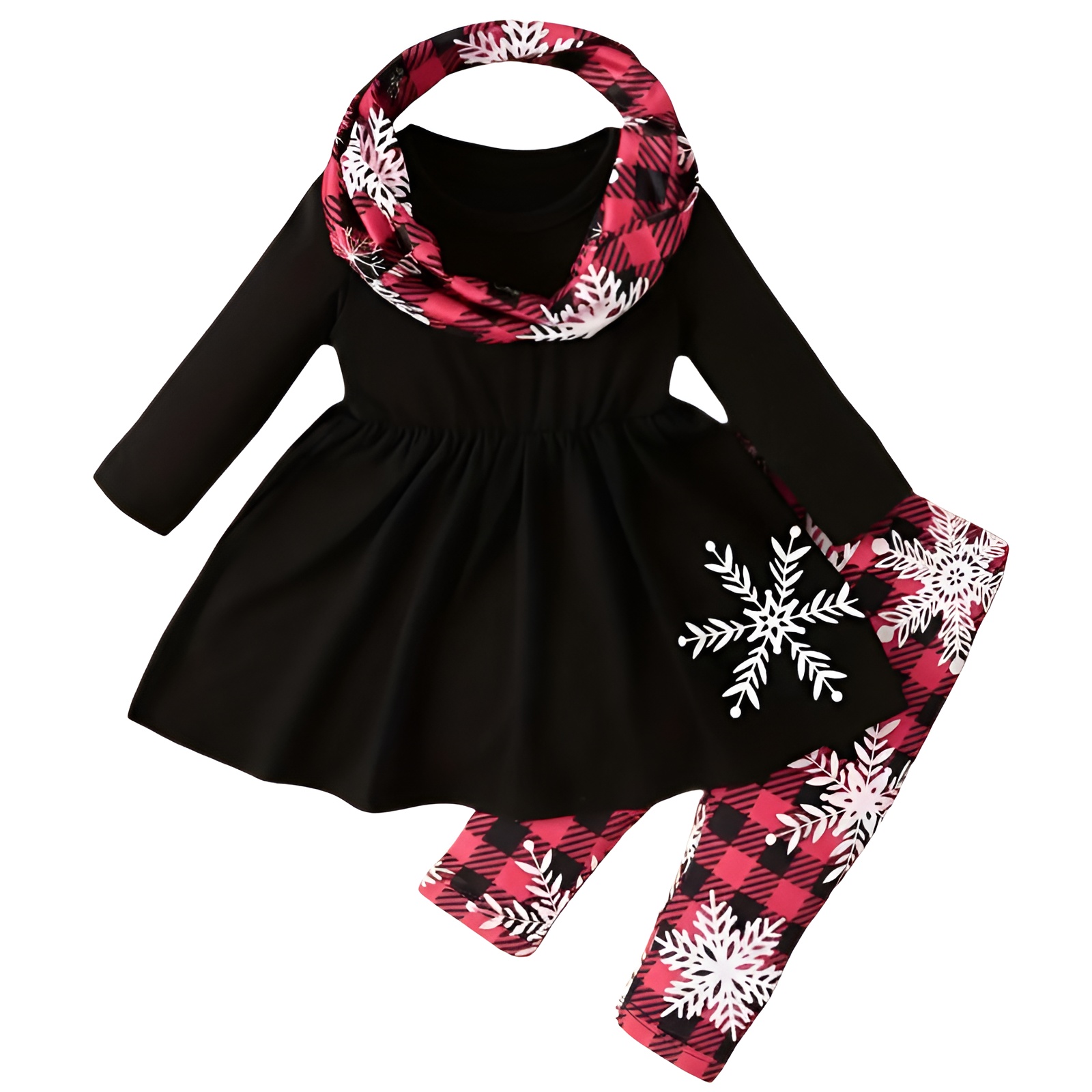 Girls 3pcs Winter Snowflake Print Dress with Long Sleeve Top & Pants Round Neck Romper Outfit Set