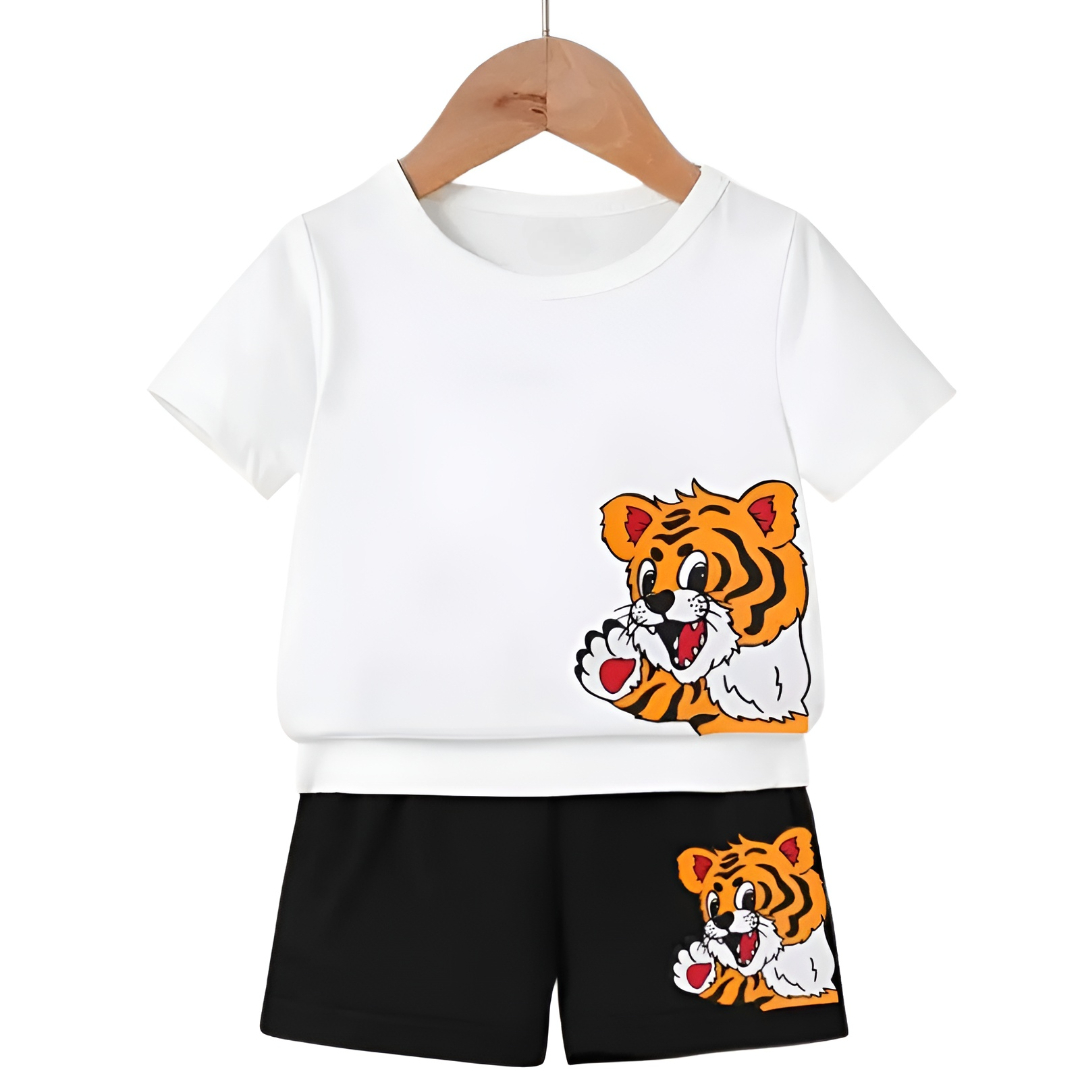Boy Cartoon Tiger Print Short Sleeved Top and Shorts Two Piece Set