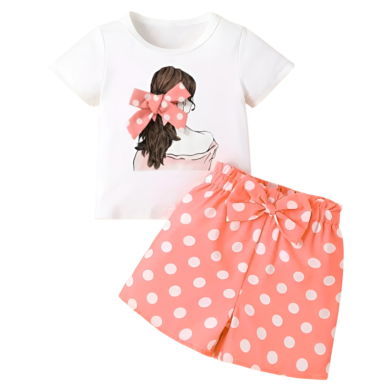 Girl Cartoon Face Print Short Sleeve Top with Polka Dot Print Bow Decor Shorts Two Piece Set