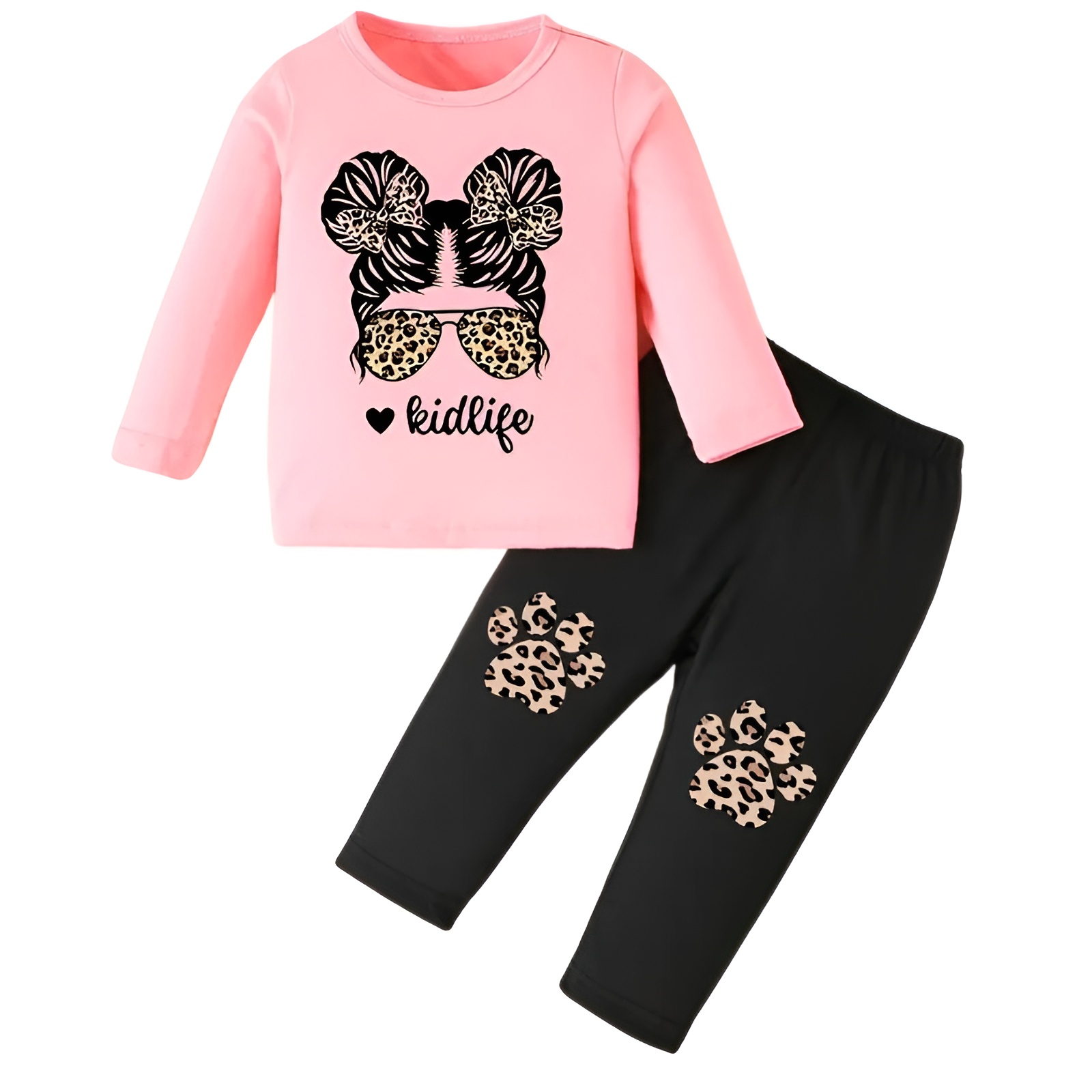 Girl Leopard Sunglasses Print Long Sleeve Tshirt and Casual Pants