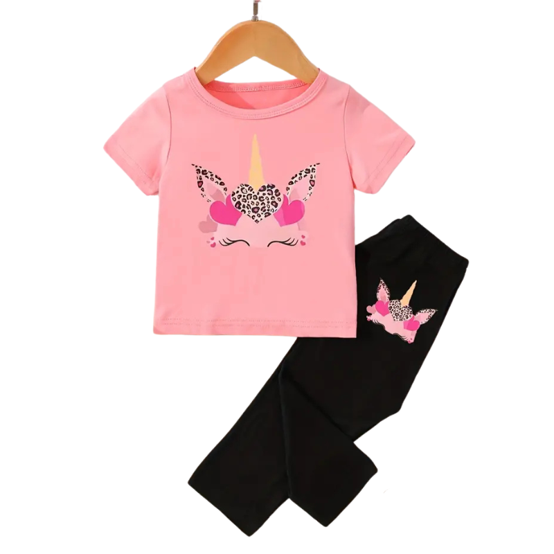 Girls Cartoon Animal Print Short Sleeve Top and Pants Set