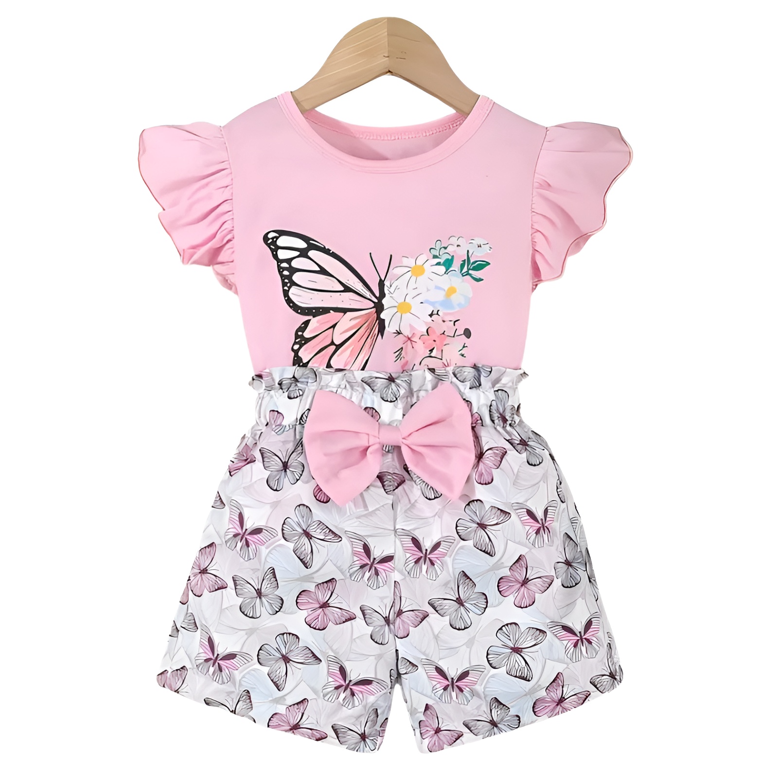Girls Butterfly and Floral Print Top and Shorts Two Piece Set