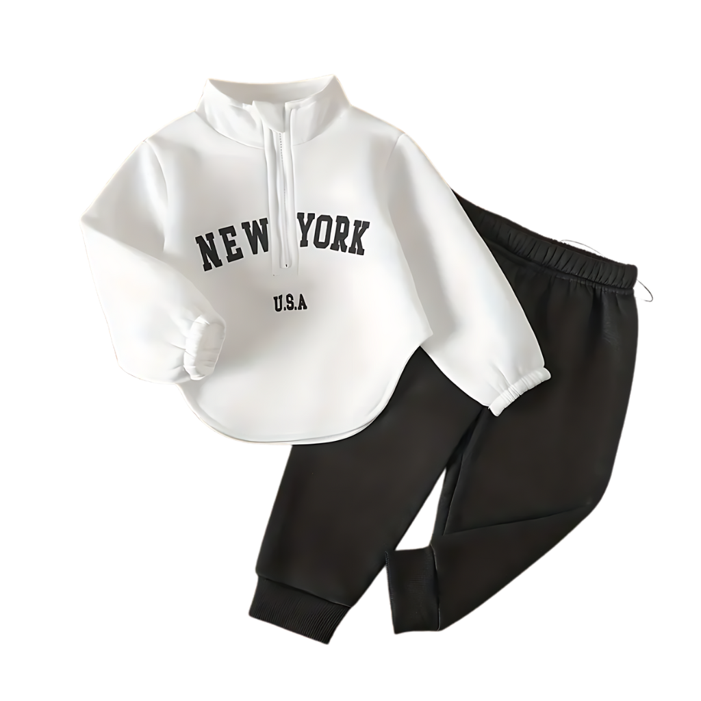 Letter Print Half Zip Fleece Lined Long Sleeve Top With Black Pant