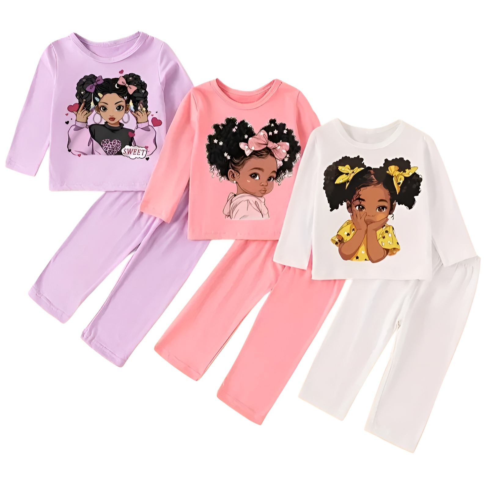 3 Sets Girls Cartoon Print Long Sleeve Tshirt and Pants
