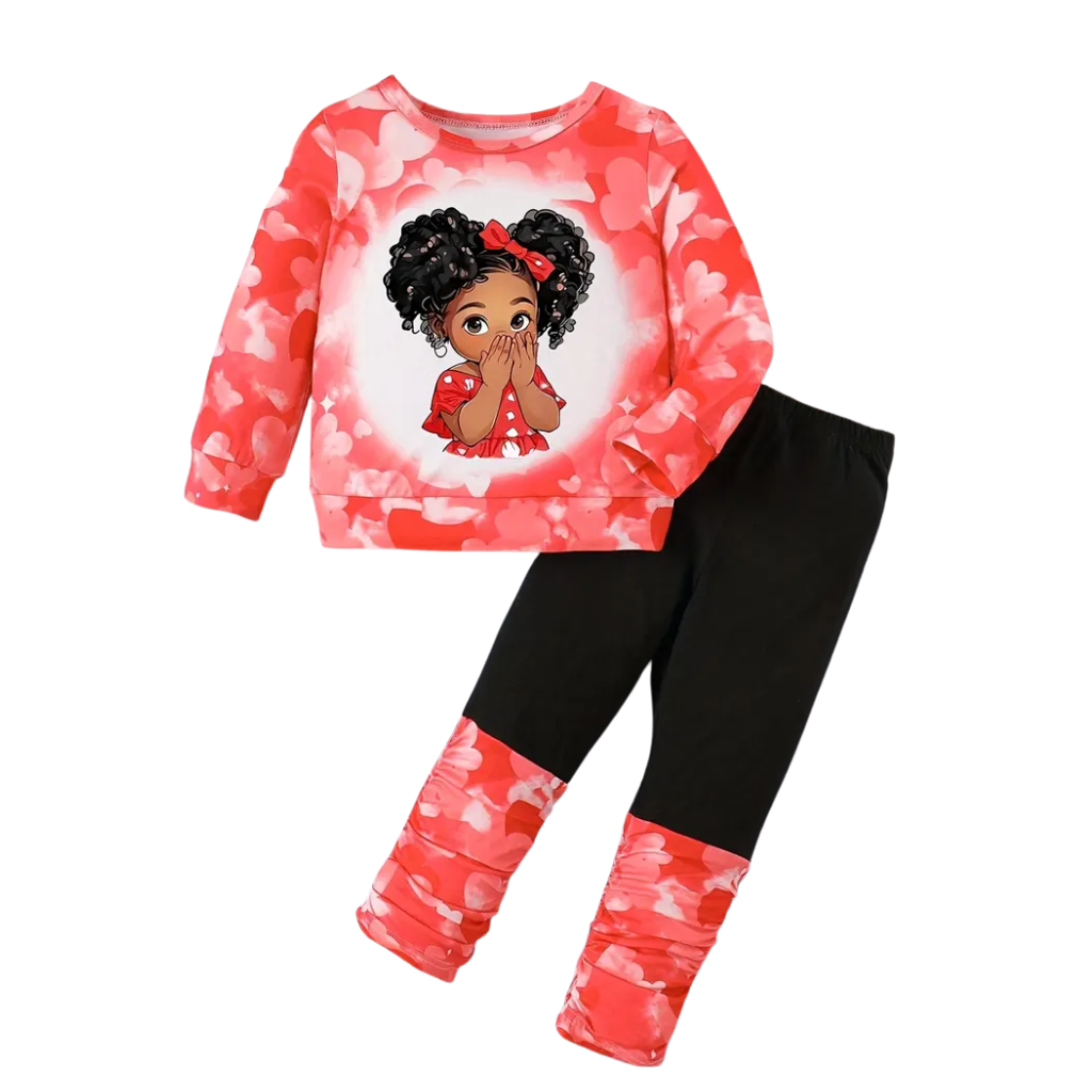 Cartoon Face Print Round Neck Long Sleeve Top With Ruffled Patchwork Pants