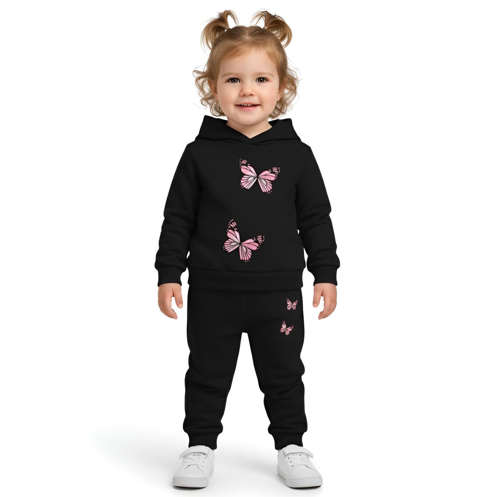 Girls Butterfly Print Hooded Fleece Long Sleeve Sweatshirt and Pants Two Piece Set