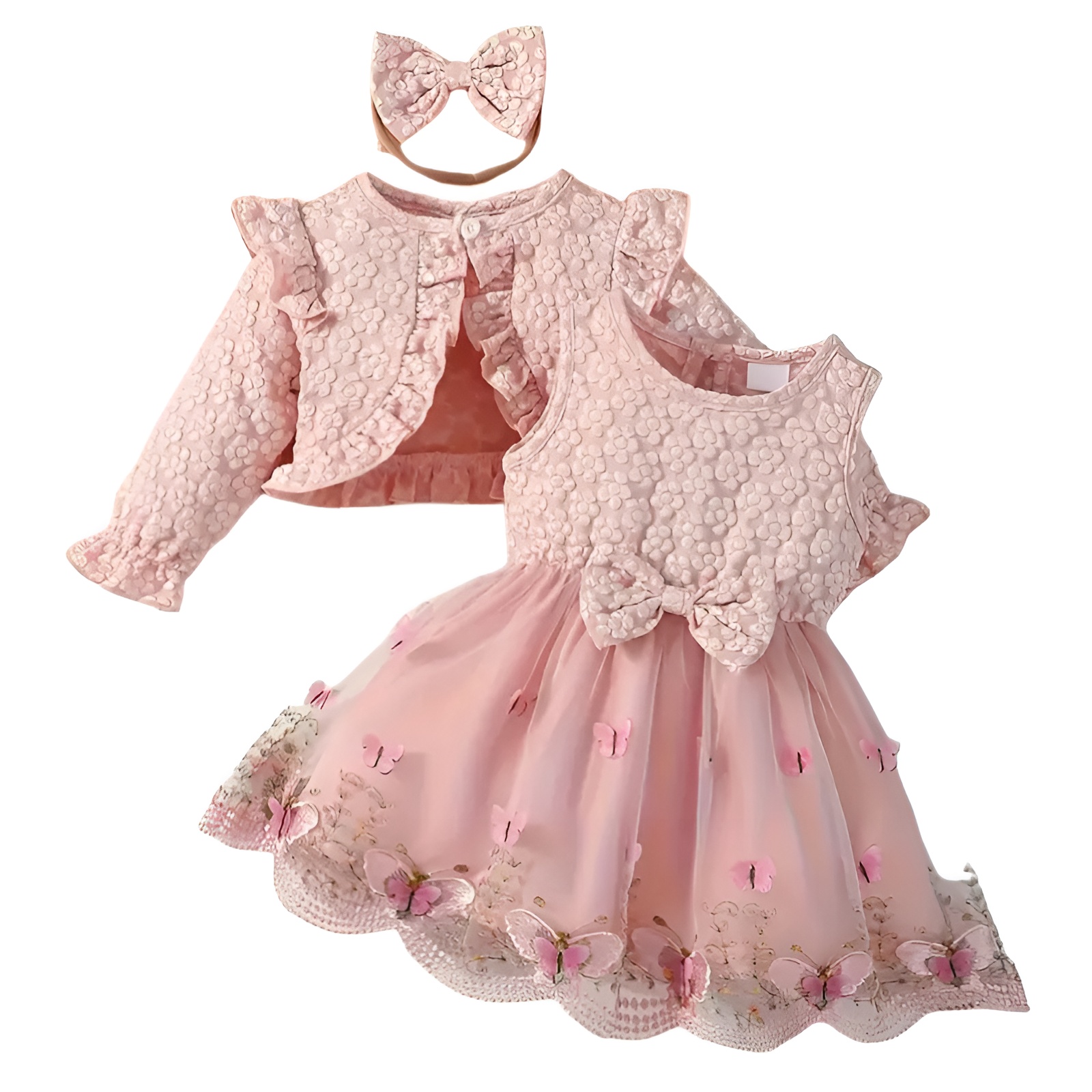 Girl Floral Print Long Sleeve Top with Butterfly Mesh Patchwork Vest Skirt Set for Three Piece