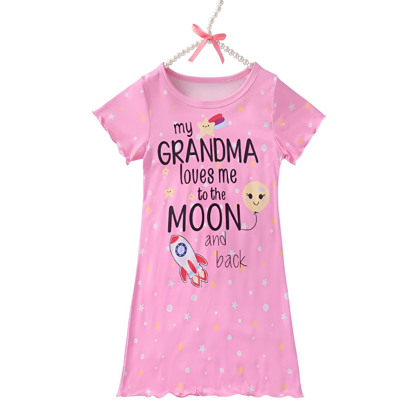 Star and Moon Pajama Dress with Ruffled Hem and Grandma Me to the Moon Slogan for Girls