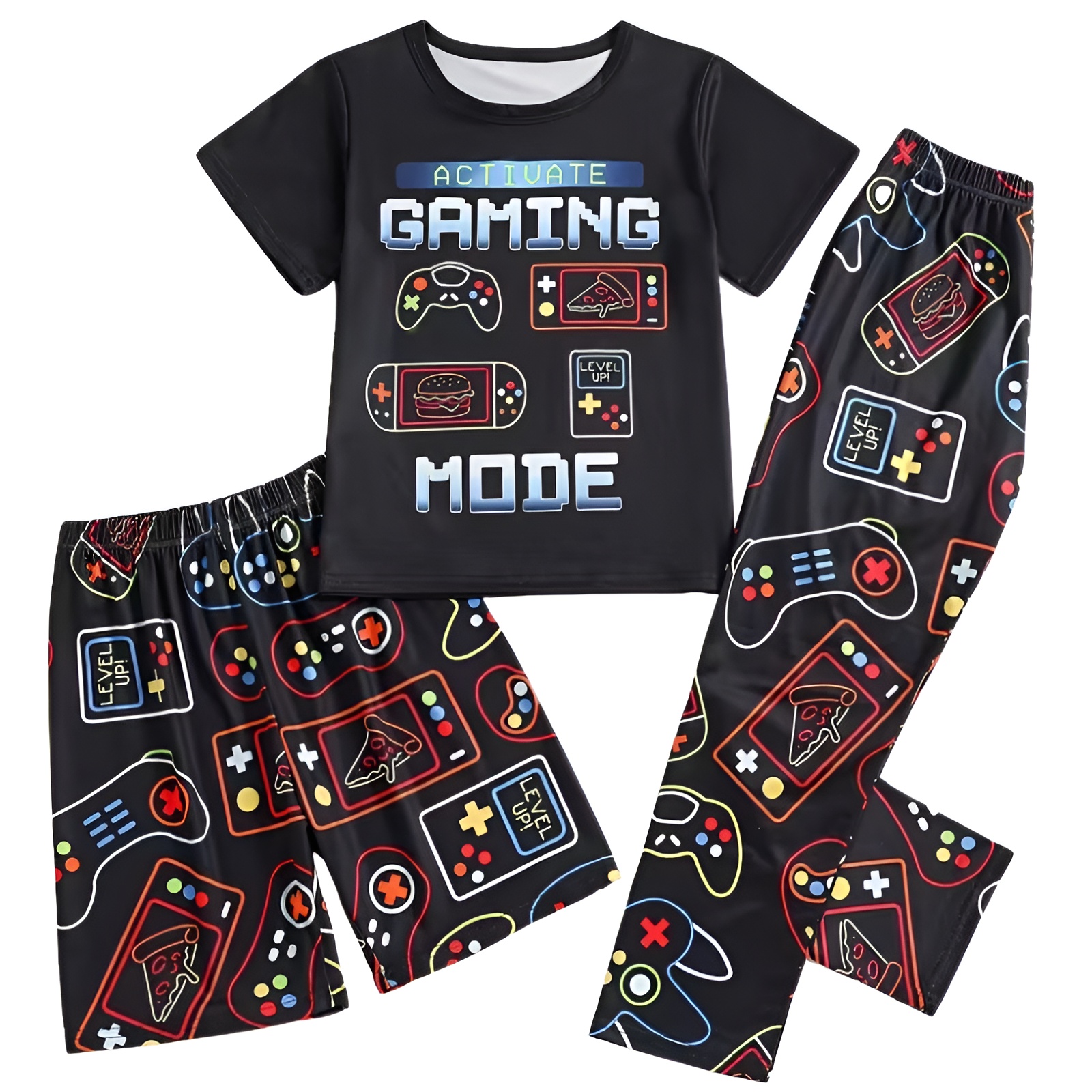3 Pcs Game Console Print Tshirts Shorts and Pants Pajama Set for Boys