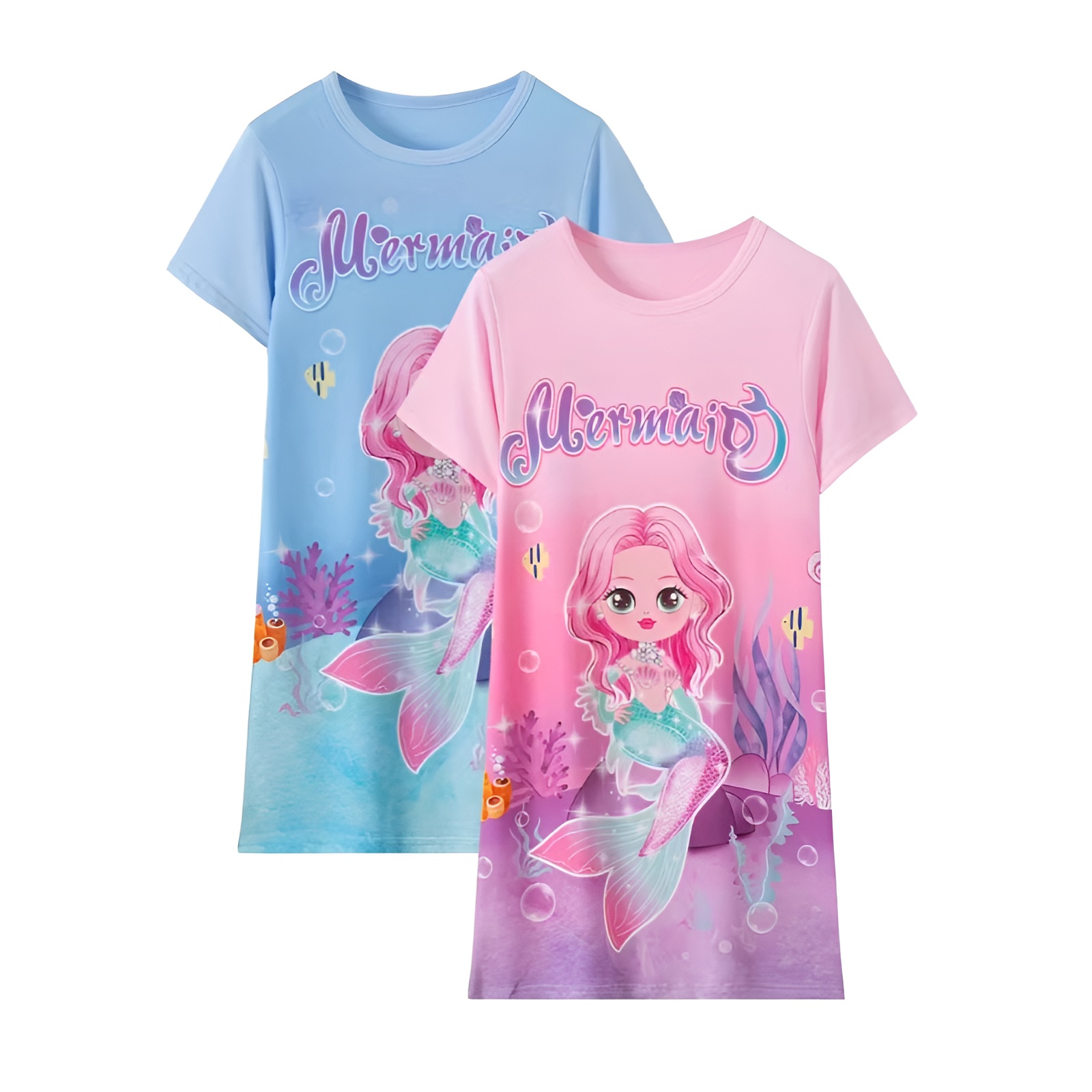 2pcs Cartoon Mermaid Pattern Short Sleeve Knee Length Dress for Girls