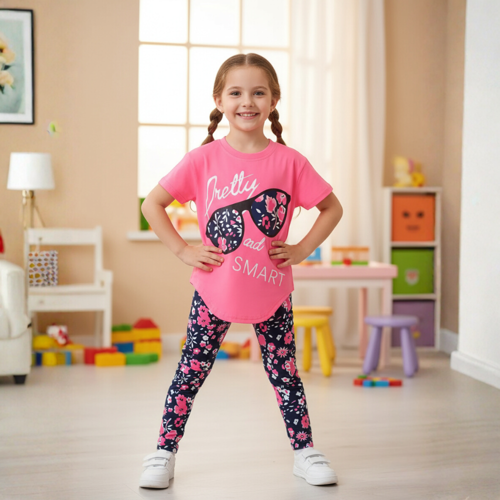 Girls Slogan T Shirt And Floral Bottoms Set For Summer