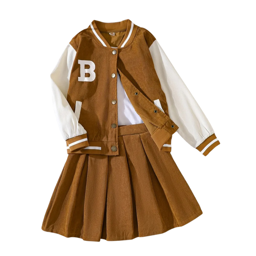 Two Piece Girls Preppy Outfit With Baseball Jacket And Pleated Skirt