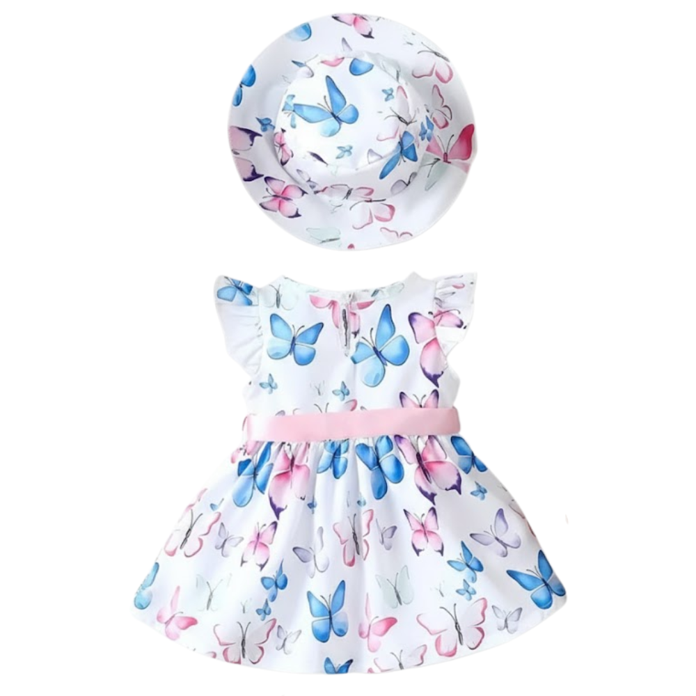 Butterfly Printed Dress And Matching Hat Set For Girls 