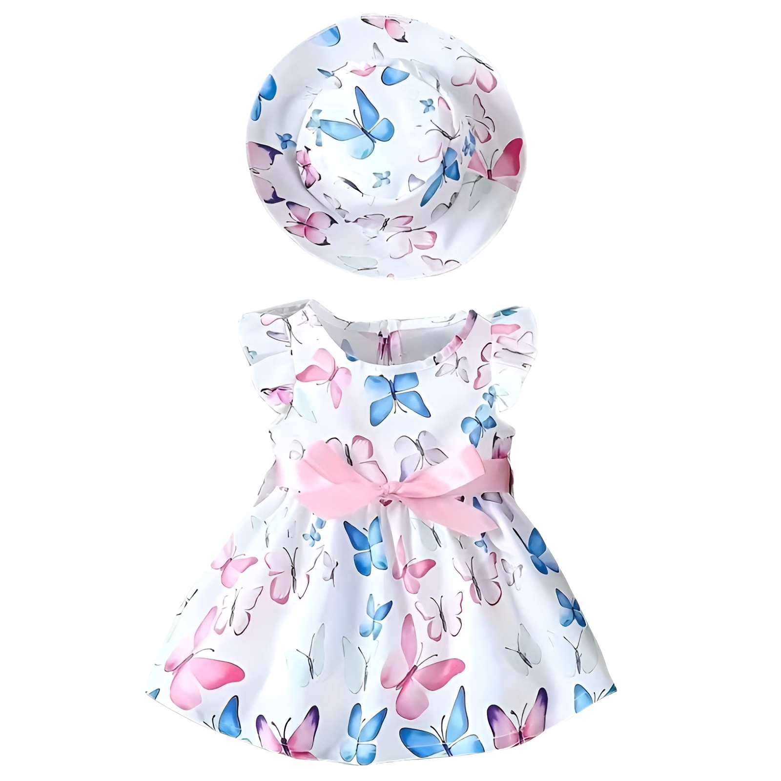 Butterfly Print Dress with Belt and Hat Set for Girls