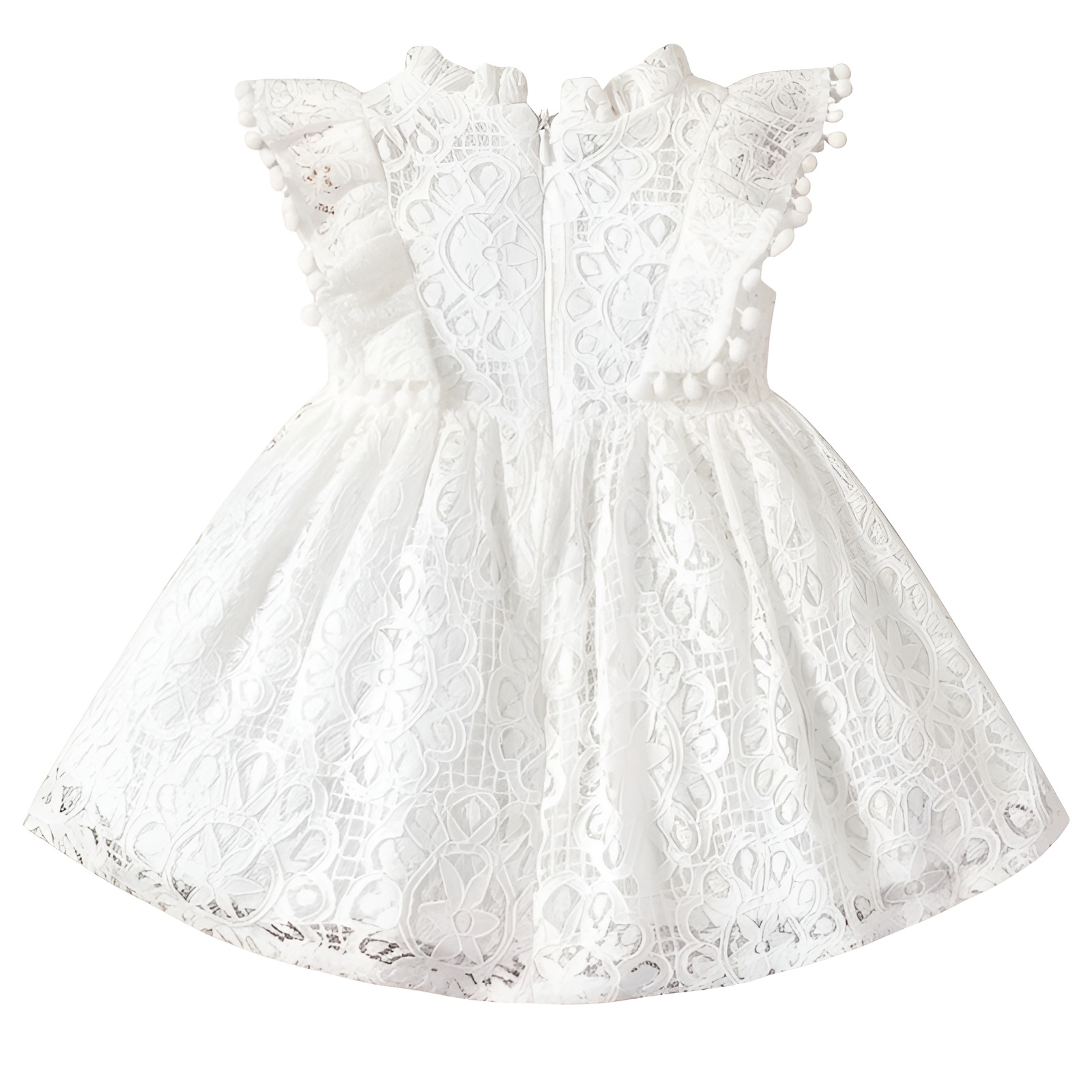 Lace Trimmed Short Sleeve with Puff and Ruffled Hem Dress for Girls