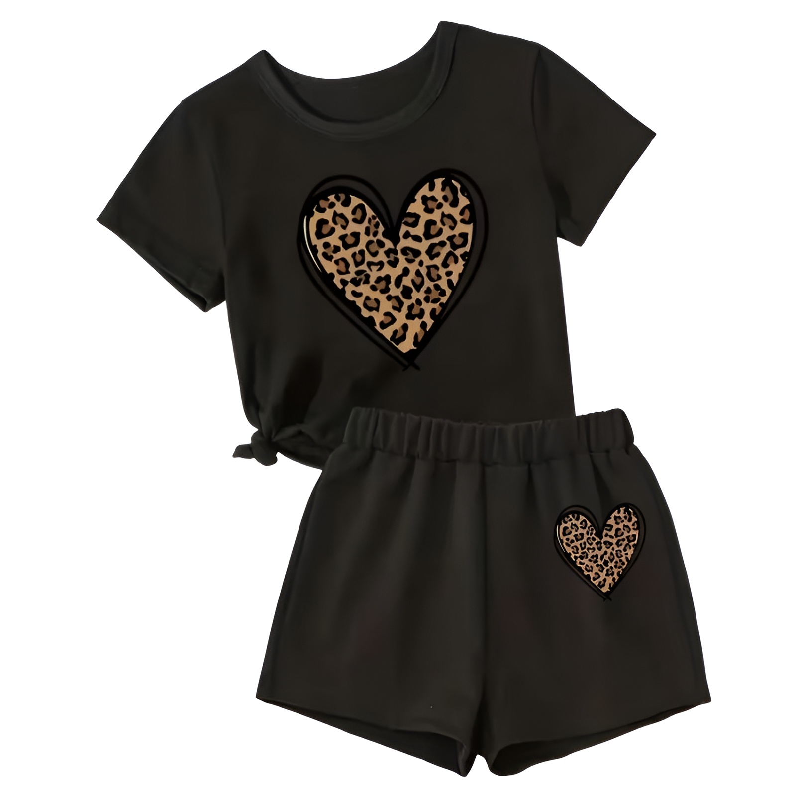 Heart Leopard Print Short Sleeve Top and Shorts Two Piece Set for Girls