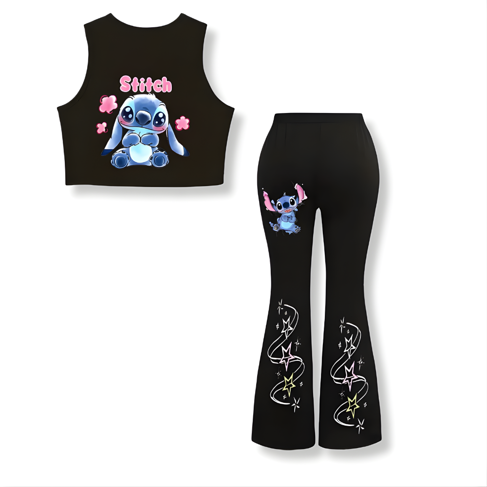 Stitch Print Sleeveless Tank Top And Flare Pants Set For Girls